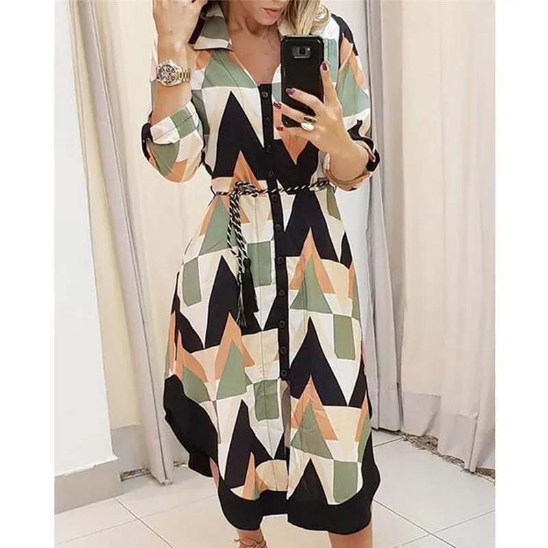 2021 Casual Summer Lady Cover Up Women's Shirt Dress Wave Print Long Sleeve V-Neck Loose Holiday Midi Plus Size | Женская одежда