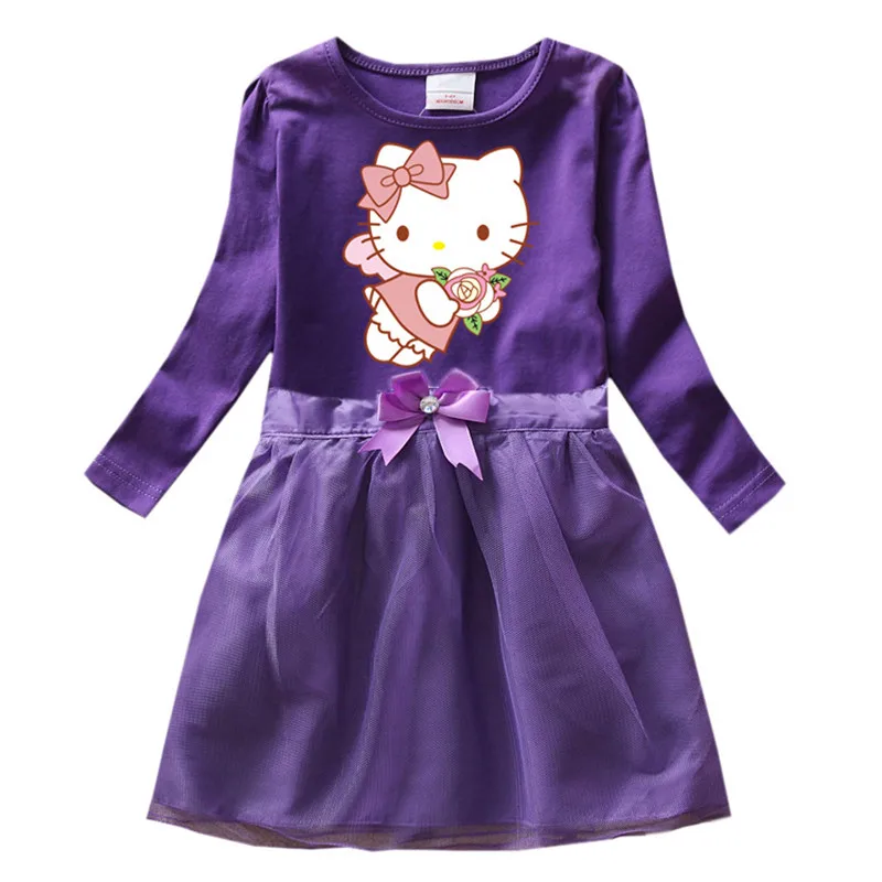 Purple Платье для маленьких девочек «hello kitty»; костюм принцессы Эльзы с длинными рукавами для детей; осенние вечерние платья для дня рождения; одежда для детей - Цвет: Purple