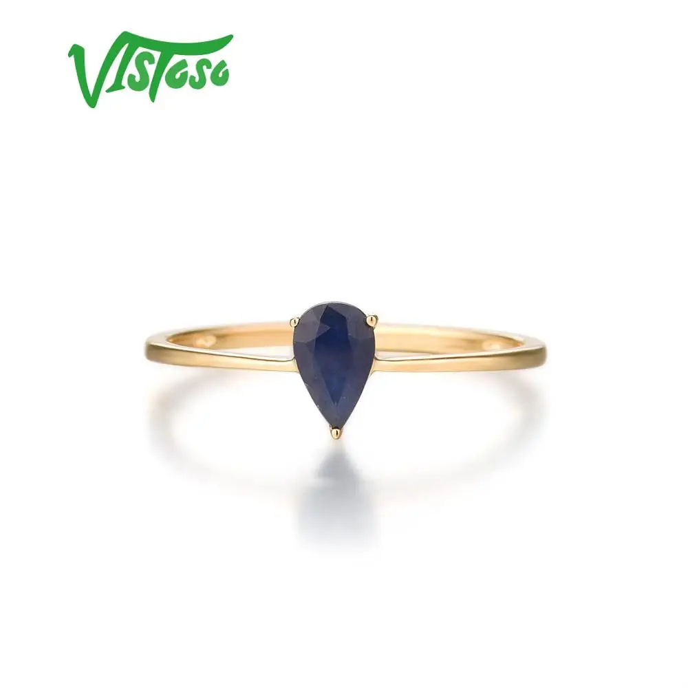 VISTOSO-Bague de Fiançailles en Or Jaune 14K 585 pour Femme, Bijoux Fins, Saphir Bleu, 6x4mm