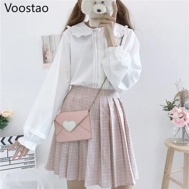 Lolita Blouses Autumn Winter Japanese Style Girly Peter Pan Collar Lantern Long Sleeve Tops Women Sweet
