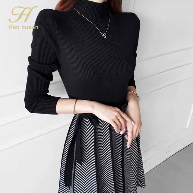 H 한 여왕 핫 세일 캐주얼 풀오버 스웨터 Pleated Vestidos 우아한 간단한 오피스 드레스 여성 컬러 매칭 a 라인 드레스
