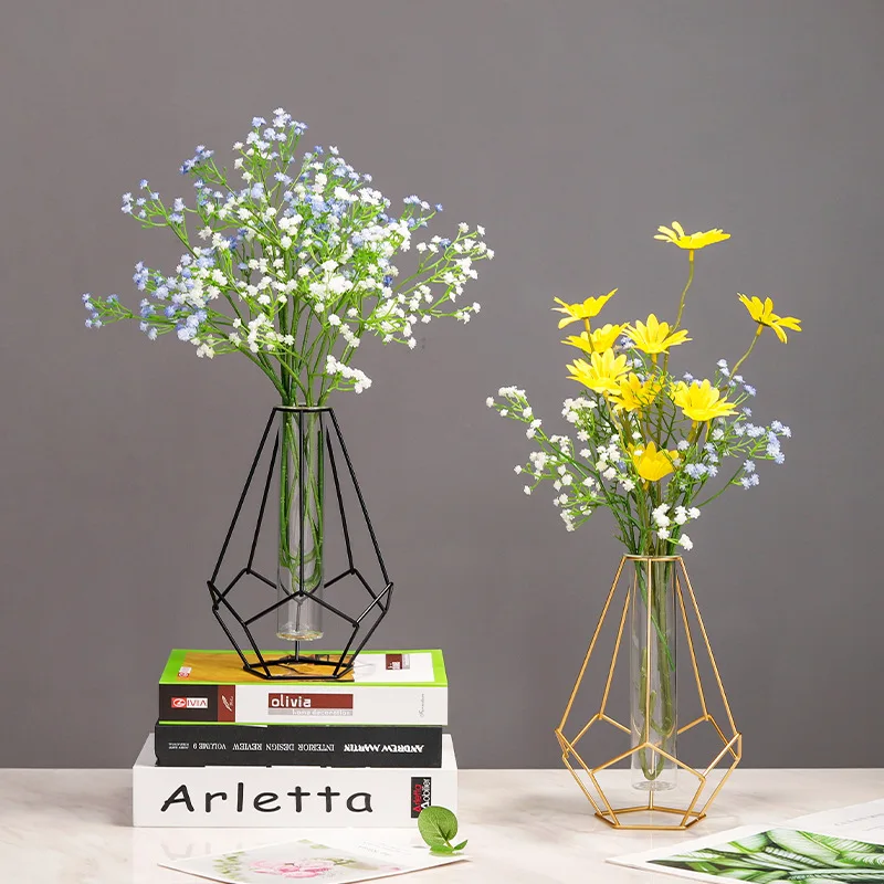 Nordic Simple Golden Glass Vase Hydroponic Plant Flower Vase Iron Geometric Glass Test Tube Metal Plant Holder Modern Home Decor 3