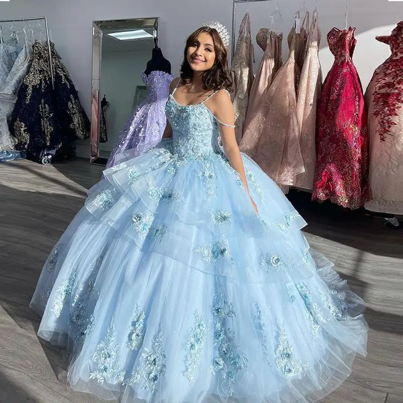Gaun Quinceanera Tali Spageti Biru Muda 