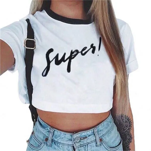 

Super Letter Print T Shirt Women Short Sleeve O Neck Short Leaking Navel Tshirt 2020 Summer Women Tee Shirt Tops Camisetas Mujer