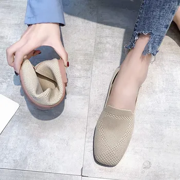 

SLHJC Women Ballet Shoes Spring Autumn Flats Sneakers Stretch Fabric Loafers Plus Size Square Toe Flat Heel Anti Skid Shoes