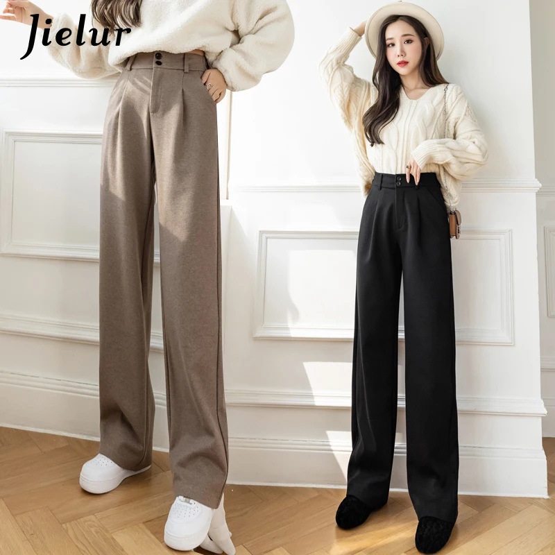 Jielur Woolen Wide Leg Pants Black 