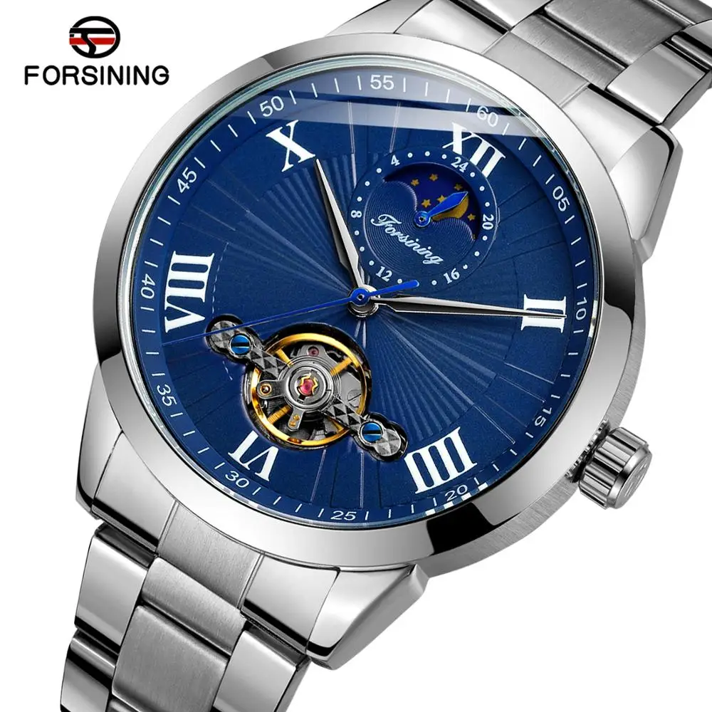 

Mens Watches New Design Automatic Roman Numbers Analog Moon Phase Tourbillon Watch with Stainless Steel Relogio Masculino Winner