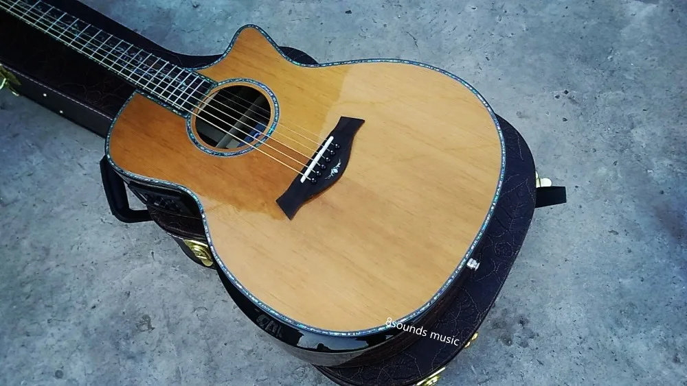 На заказ Акустическая гитара solid cedar top SP14 Акустическая гитара, настоящий abalone Ebony cutaway sanders гитара