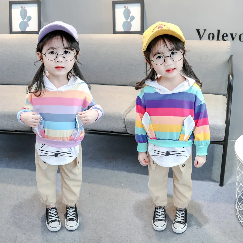 

Korean-style 2020 Spring And Autumn Cute Girls Color Stripes Rabbit Hoodie Baby Casual Trousers Two-Piece Set