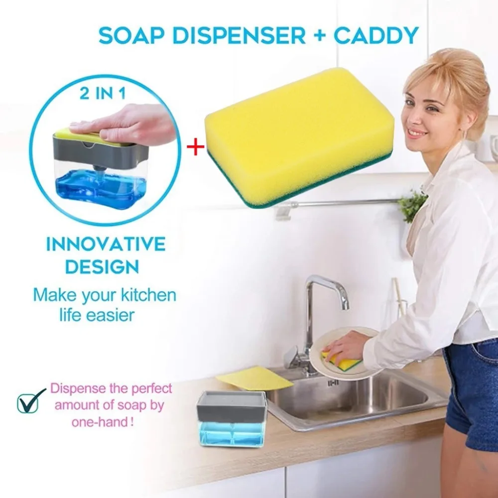 3pcs 2-in-1 soap dispenser and sponge 13 ounces of dishwashing liquid kitchen sink sponge holder + 2pc sponge  20D30 (7)