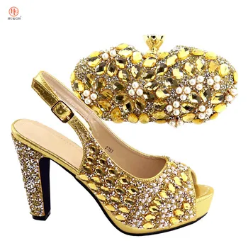 

Luxury golden color Lady high heels party Shoes Pumps and bag set Italian Women Decorated with rhinestones designs Sandals
