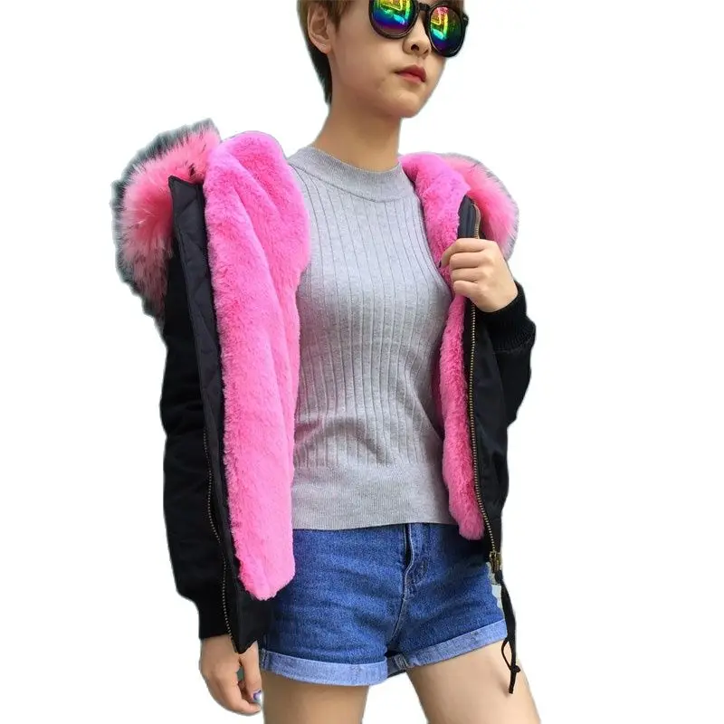 

Black Flight Bomber Jacket Pink Fur Lined Huge Raccoon Fur Hoodies Windproof Bomber Wear