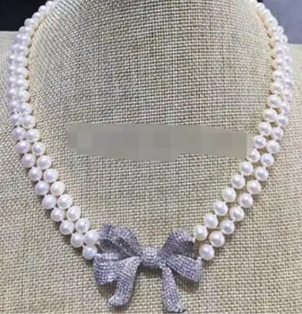 

Fashion jewelry Free Shipping 2row 19-20" 8-9mm white round freshwater pearl necklace - zircon bowknot