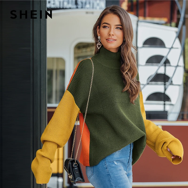 Шеин многоцветный свитер в рубчик с высоким воротом, Повседневный свитер, женские топы, осенняя уличная одежда с длинным рукавом, цветные женские зимние свитера