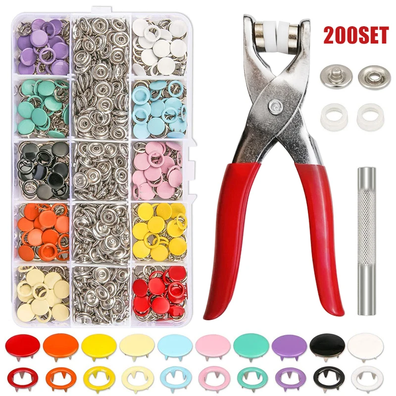 

200 Sets High Quality Metal Prong Snap Buttons Solid Press Prong Fasteners + Plier Installation Fastener Press Stud Tool Set Kit