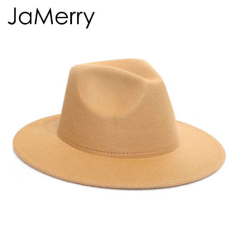JaMerry винтажная шерстяная Фетровая Шляпа Fedora с широкими большими полями, женская элегантная Осенняя Зимняя шляпа-федора, одноцветная шляпа от солнца, женские шляпы - Цвет: Хаки