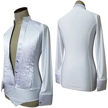 Латинский танец мужчины v-образным вырезом трико белая плиссированная рубашка Мужской наряд для выступлений Бальные Танцевальные рубашки костюм для соревнований VDB845