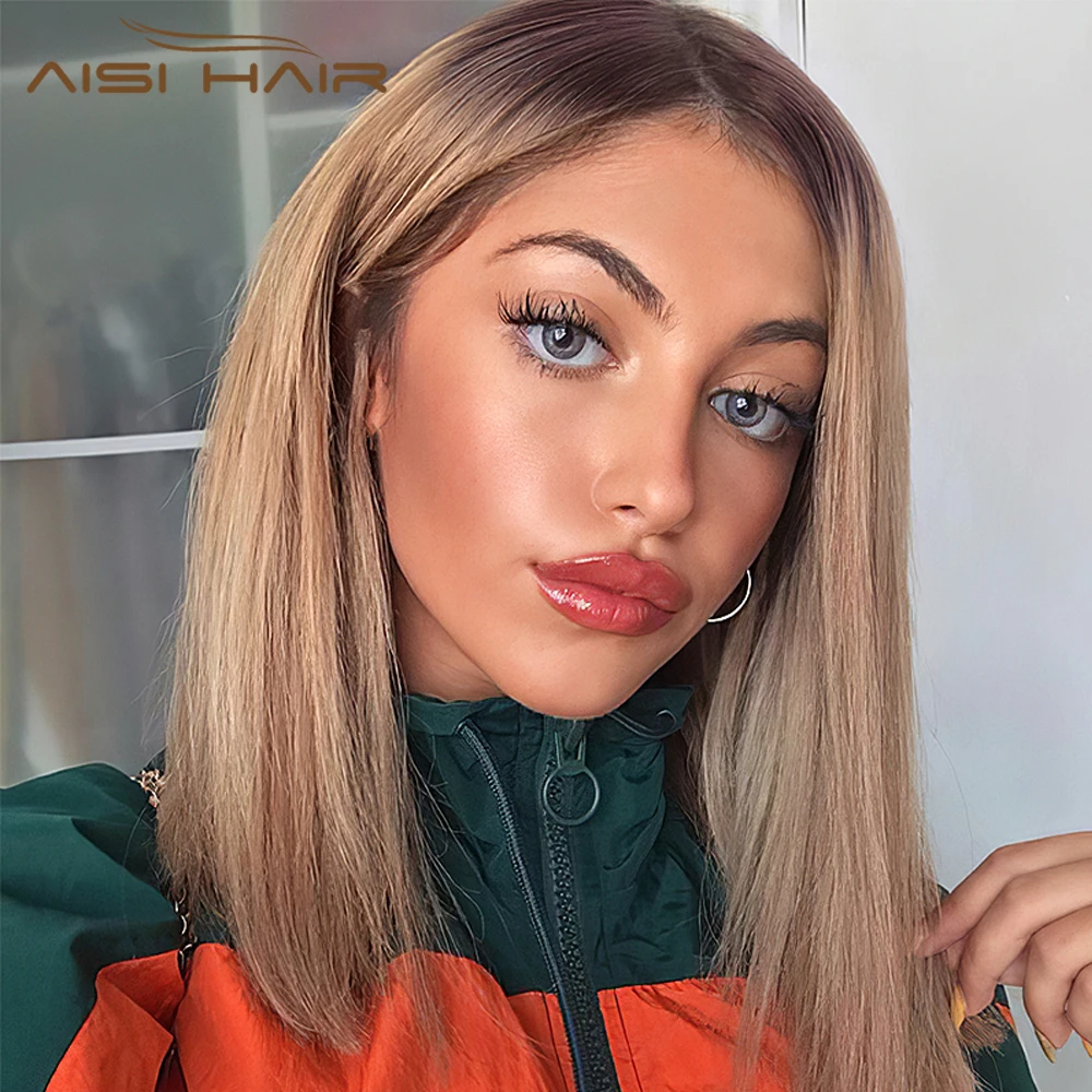 

AISI HAIR 14inches Synthetic Lace Wig Ombre Brown Blonde Color Middle Part Straight Wigs for White/Black Women Natural Wigs