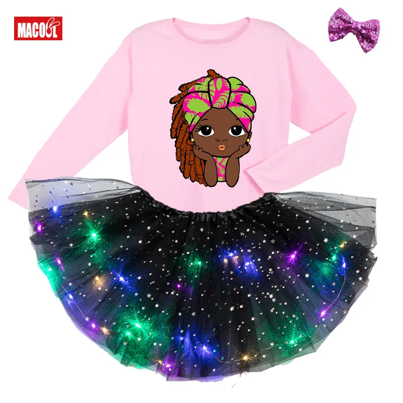

Girls Dress 2021 Summer Princess Dress Girls Dress Black African Curly Hair Girl Long Sleeve T-shirt + Luminous Skirt + Hairpin