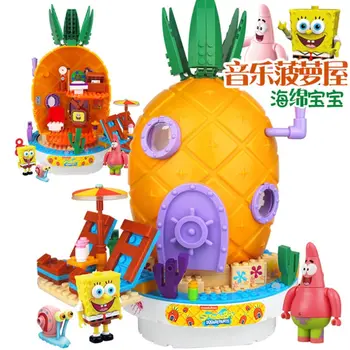 

New leepining SpongeBob Music toys Pineapple House Friends Krabby patty Patrick Squidward Building Blocks Toys for Children