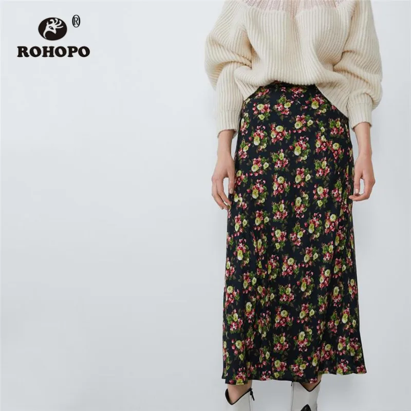 

ROHOPO High Waist Pleated Red Floral Black Midi Skirt Side Zipper closure Elegant Maxi Multiways Autumn Elegant Falda #9394