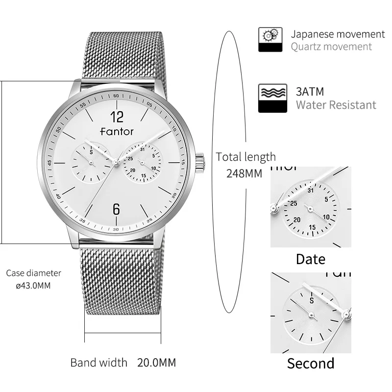 Fantor мужские часы с хронографом Роскошные повседневные брендовые сетчатые Стальные кварцевые наручные часы водонепроницаемые часы для мужчин relogio masculino