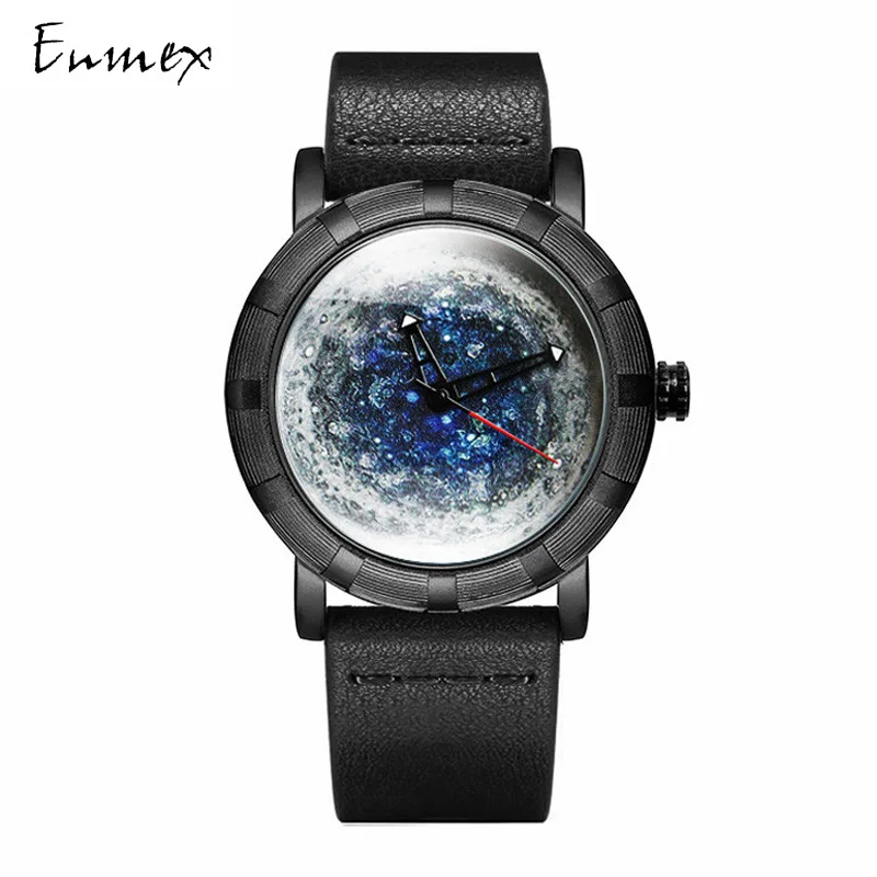 

2021 Enmex creative cool wristwatch dark matter concept with leather strap strap 5ATM waterproof Stylish quartz men's watch