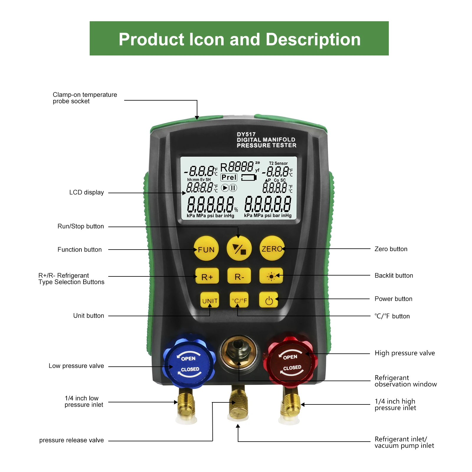 Buy DUOYI Refrigeration Digital Manifold Pressure Gauge Set Vacuum Pressure Temperature Meter Testing Air Conditioner PK TESTO 550
