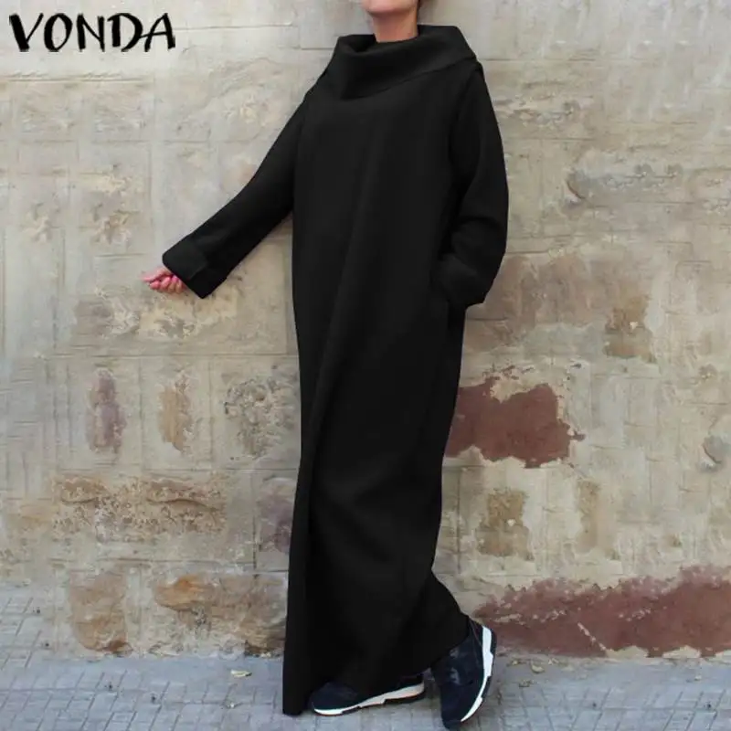 VONDA/ осеннее Однотонное Платье макси с длинными рукавами длинные вечерние платья с воротником черепахи повседневные праздничные платья