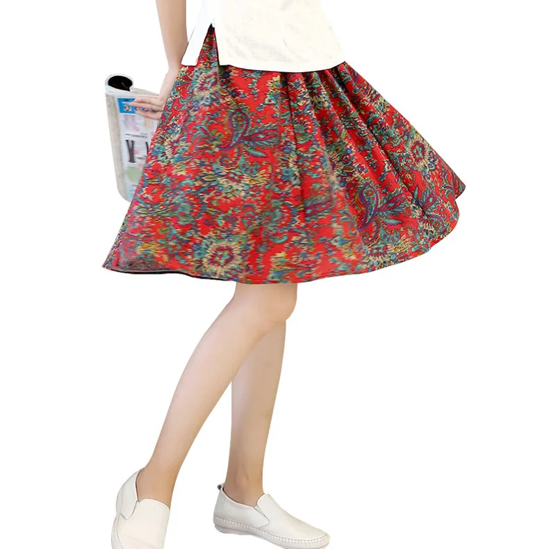 

Summer Women's New Style Cotton Linen Japanese-style Fresh Printing Skirt Sundress Bohemian Skirt Big Skirt Short Skirt