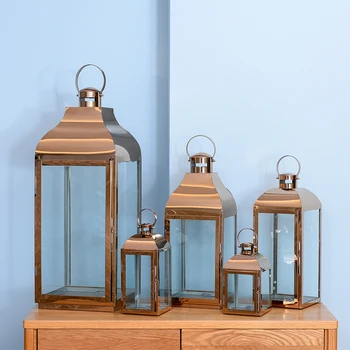 Gold Glass Iron Candle Holder Metal Wind Lamp Windproof Candlestick Floor Candle Lantern Silver Portavelas Home Decor Candelabra