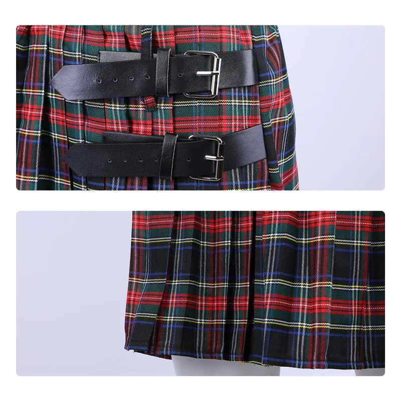 MoneRffi шотландский мужской Kilt традиционный ремень в клетку плиссированная цепь двусторонний коричневый готический панк шотландский клетчатый брюки юбки