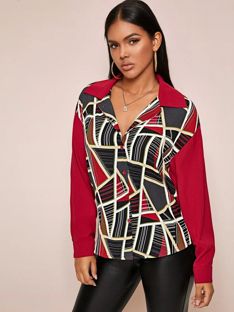 

Women Top Summer 2020 Long Sleeve Trun Down Collar Red Print Shirt Button Front Fashion Casual Womens Tops and Shirts 
