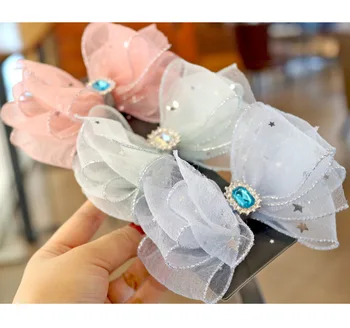 

free shipping 5pcs 5'' Large Big Organza Boutique Hair Bow Clips Set Korean High quality Bright star gauze Children's Hair clip
