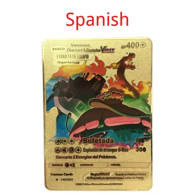 Spanish Pokemon Metal Card Pikachu Fire-breathing Dragon VMAX Gold V/GX/OX Card Toys Play Games Collection Card Children's Gifts 10