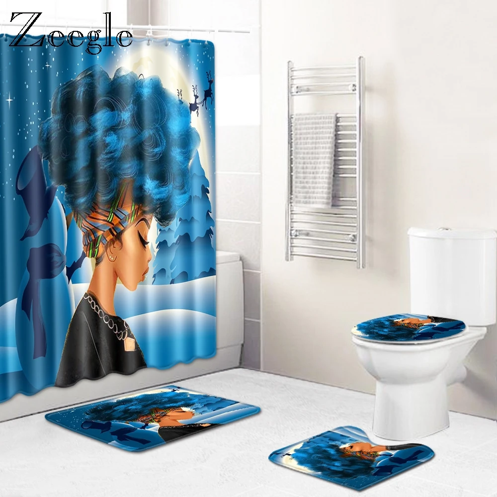 Zeegle 4pcs Bath Mat Set Bathroom Curtain Anti-slip Toilet Pedestal Rug Flannel Soft Toilet Cover Seat Mat Absorbent Foot Rug