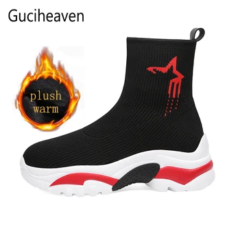 

2020 new flat thick boots women winter socks shoes Solid color high top ankle boots Plush Stretch woven ladies casual shoes