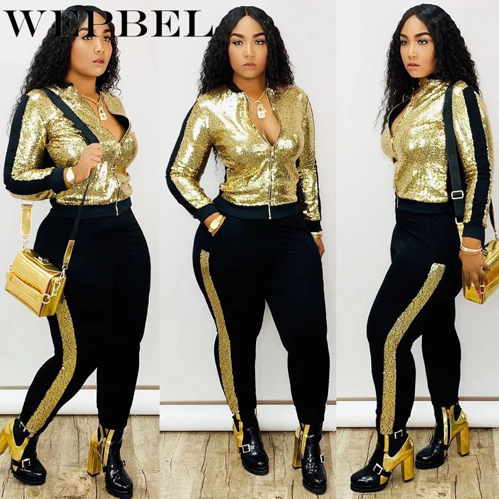 

WEPBEL Autumn and Winter Fashion Sexy Sequined Suit Women's Casual Long-Sleeved Zip-up Jacket + Elastic Waist Pencil Pants Suit