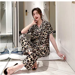 Spring  Summer Imitation Silk Short-sleeved Trousers Women's Pajamas Suit Silk Sexy Enchanting Home Clothes
