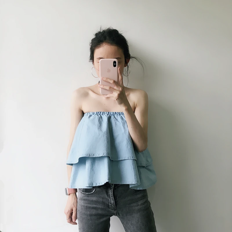 

Summer Ladies Denim Wrapped Tube Top Strapless Sexy Short Double Ruffle Denim Tube Top