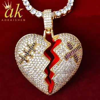 

Red Color oil Broken Heart Pendant With Tennis Chain Necklace Gold Color Cubic Zircon Men's Hip hop Street Rock Jewelry