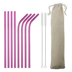 Premium Colorful Stainless Steel Straw Set with Cleaning Brush and Carry Bag (11pcs Pink)
