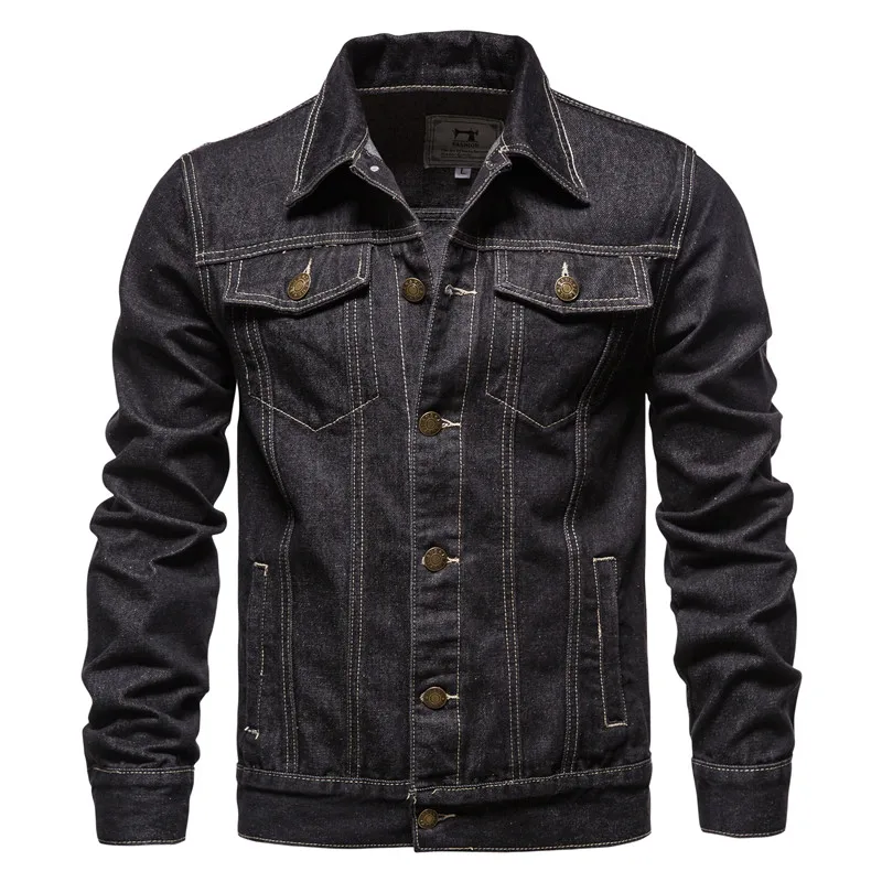 Jeans Jacket Slim-Fit Streetwear Autumn Men Solid-Color Cotton Lapel Casual High-Quality