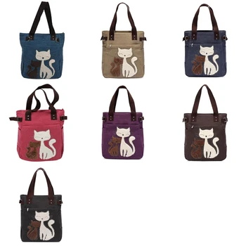 

Women's messenger handbag canvas bag with cute cat small shopping shoulder bag Red