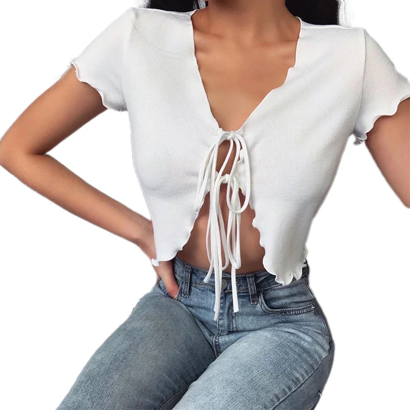 

BB New Sexy Women Short Sleeve Deep V-neck T-shirt Clubwear Lace-up Cardigan Ruffles T-shirt Streetwear Summer Drop Shipping