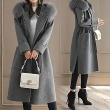 Черное Женское пальто, зимняя женская парка, длинные ветрозащитные куртки, пальто из шерсти альпаки, женские воротники из кроличьего меха, сшитая шерсть