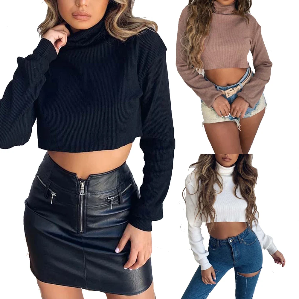 Wipalo Autumn Winter Plus Size Women Sweater Turtleneck Long Sleeve Short Crop Top Solid Striped Knit Pullover Fashion Steetwear | Женская