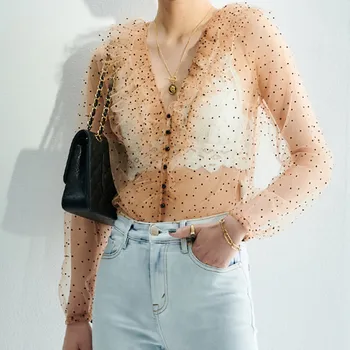 

Polka Dot Lace Women's Shirt 2020 New Summer Ladies Sexy Mesh Single-breasted See Through Blouse Ruffled V-neck Shirts And Top