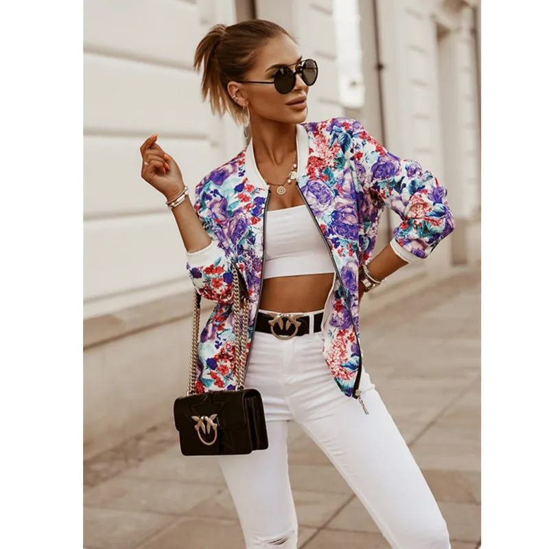 de manga larga con estampado de flores para abrigo Vintage con cremallera a la moda, Tops, chaquetas básicas ajustadas elegantes para mujer 2021|chaquetas básicas| - AliExpress