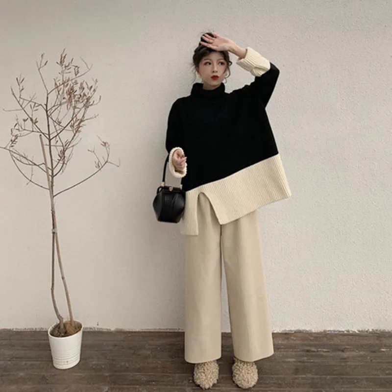 

Korean Edition 2020 Autumn Winter New Pattern Women Knitting 2Piece Set Fashion Loose High Collar Sweater Top+Wide leg Pants Set
